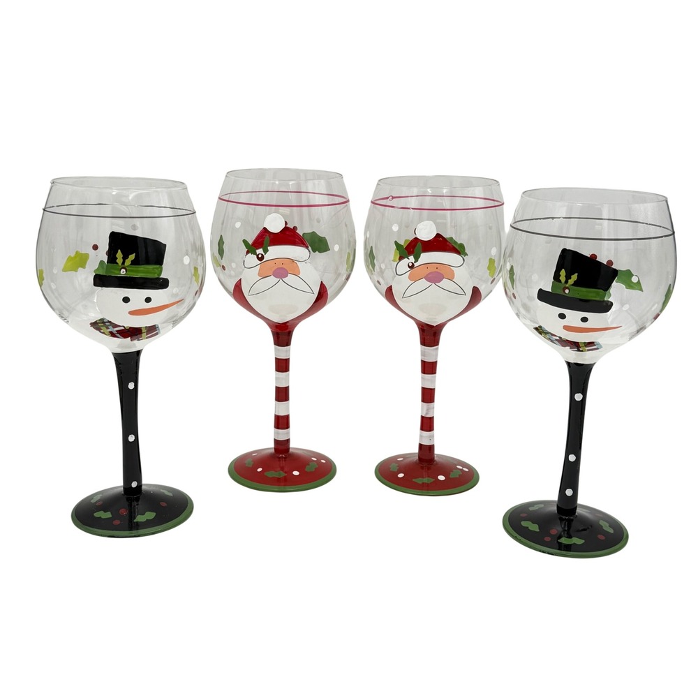 Macy's Hand Painted Christmas Cut-Outs Santa Snowman Wine Glasses Set of 4 18 oz